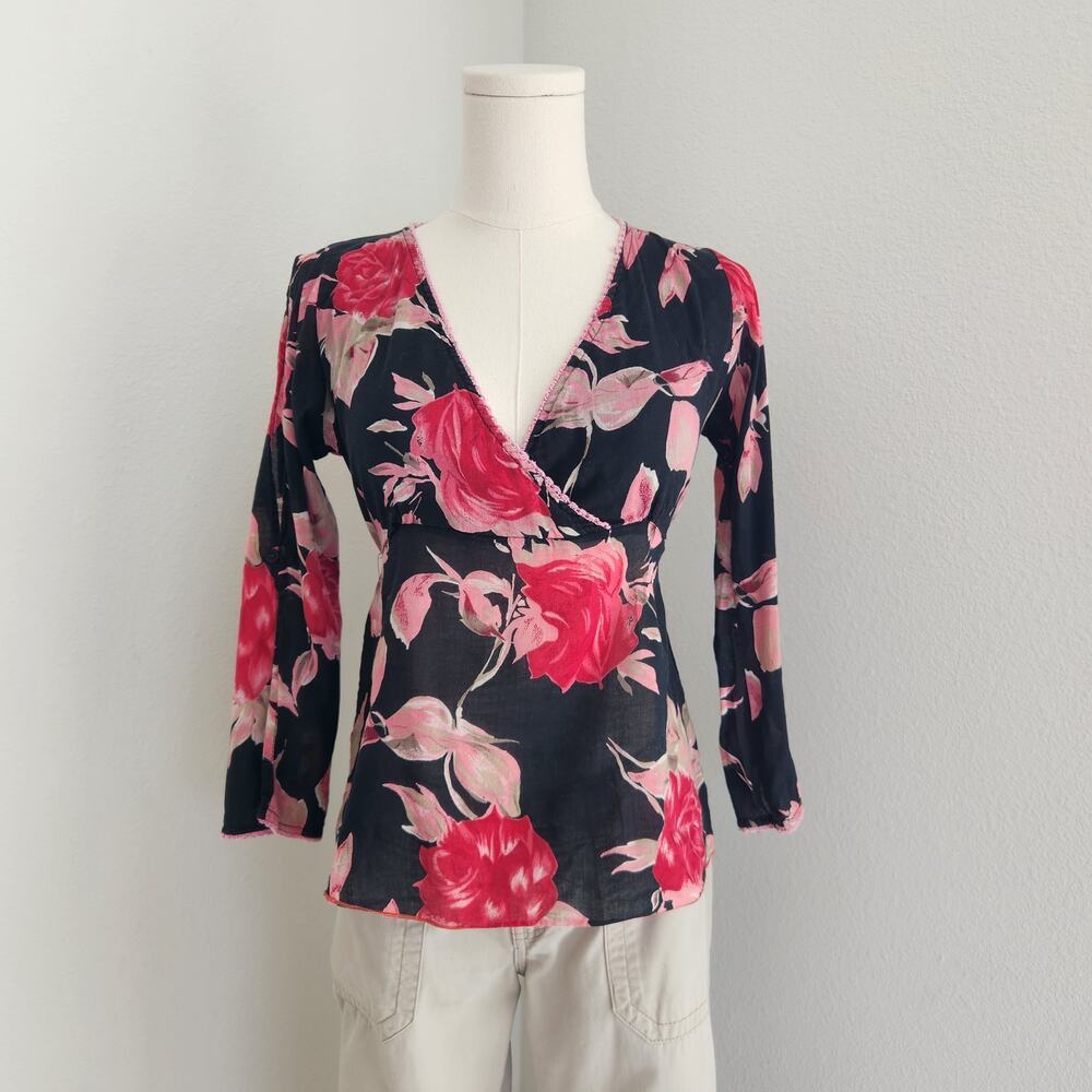Y2K Magazine Black Pink Rose Print Wrap Tie Back Feminine Fairy Blouse Top S
